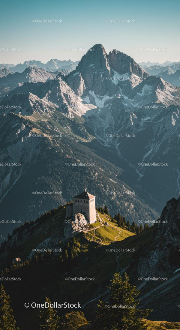 Majestic Snow-Capped Mountain Range with Scenic Alpine Fortress