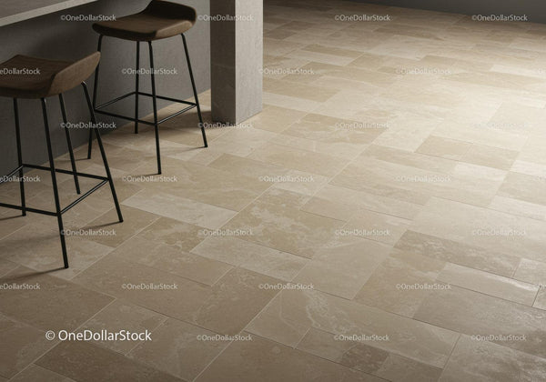 Beżowa podłoga z ceramicznych płytek z drewnianymi stołkami barowymi w nowoczesnej kuchni