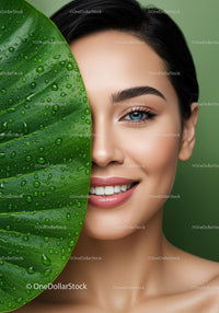 Close-up of a Smiling Woman with Blue Eyes and Green Leaf
