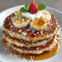 Banana Pancakes with Strawberries and Caramel Syrup