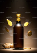 Dark bottle with ginger slices and aromatic steam