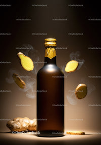 Dark bottle with ginger slices and aromatic steam