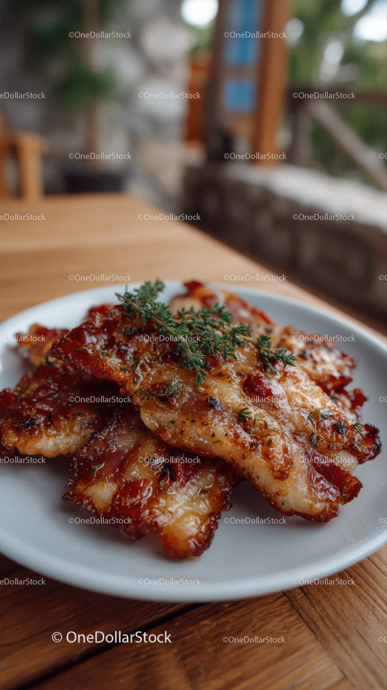 Grilled Bacon with Fresh Herbs on White Plate