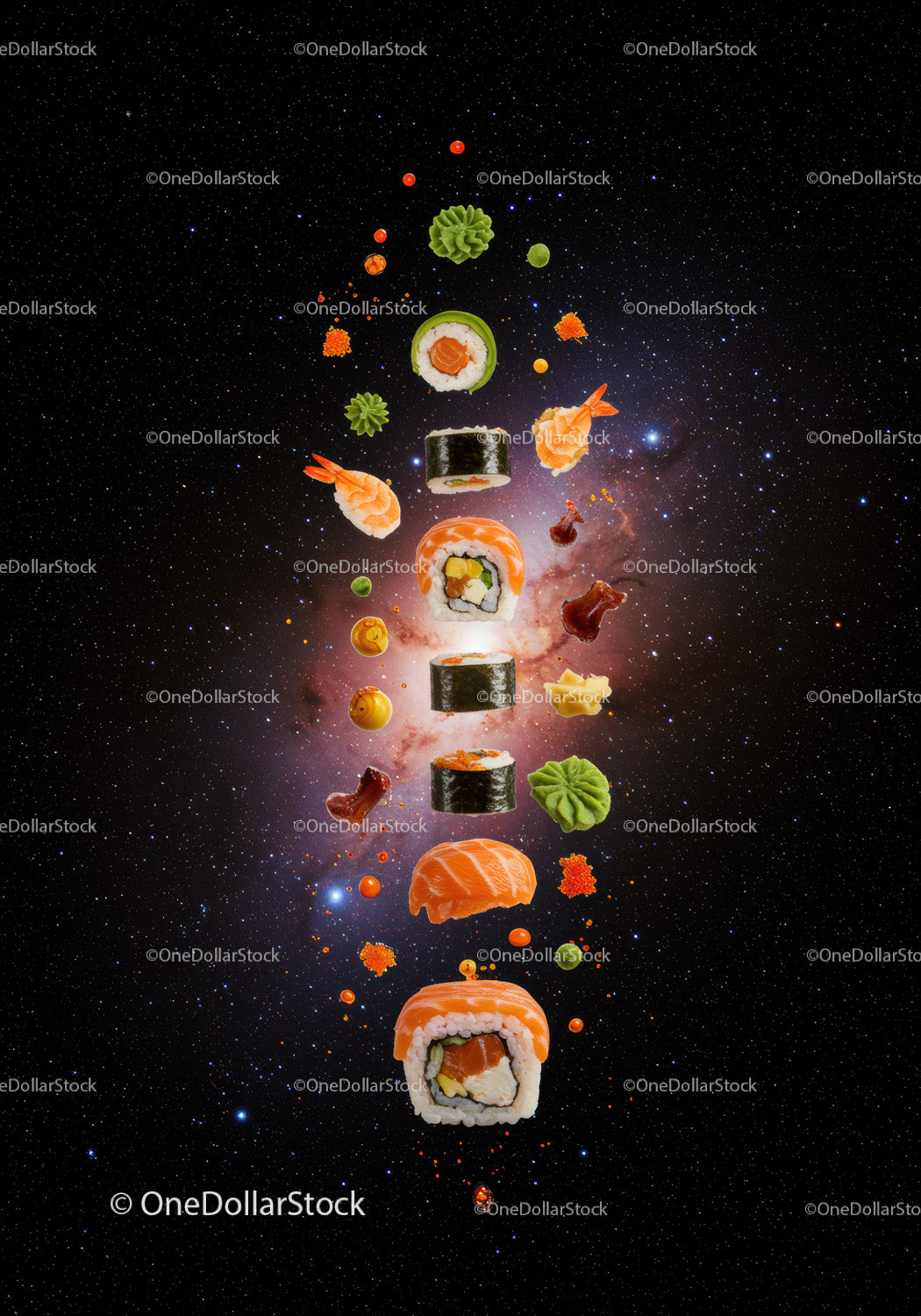 Creative floating sushi pieces against cosmic background