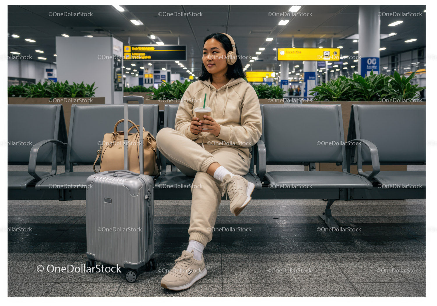 Young Woman with Suitcase and Coffee Waiting in Airport Lounge