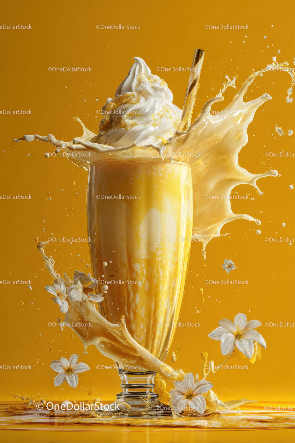 Creamy Milk Splash in Glass with Flowers on Warm Orange Background