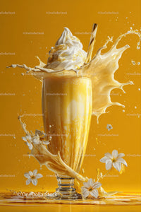 Creamy Milk Splash in Glass with Flowers on Warm Orange Background