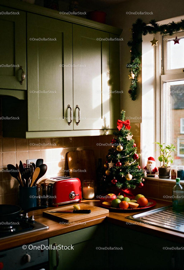 Cozy kitchen corner decorated for Christmas holiday