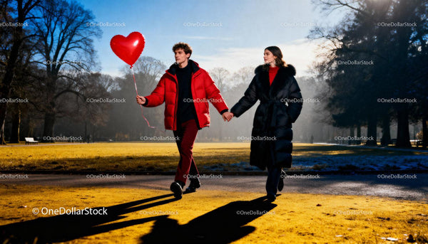 Couple Walking Hand in Hand with Heart Balloon Outdoors