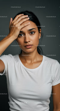 Portrait of a Young Woman with Dark Hair and Expressive Eyes in Studio