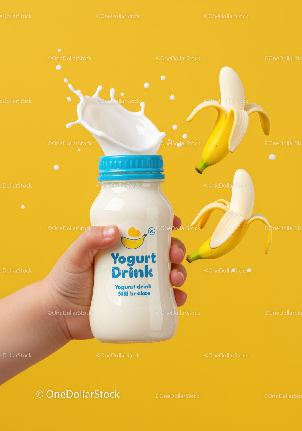 Child holding yogurt drink with splashing milk and bananas