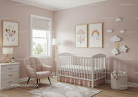 Soft Pink Children's Nursery with Cloud and Rainbow Wall Art