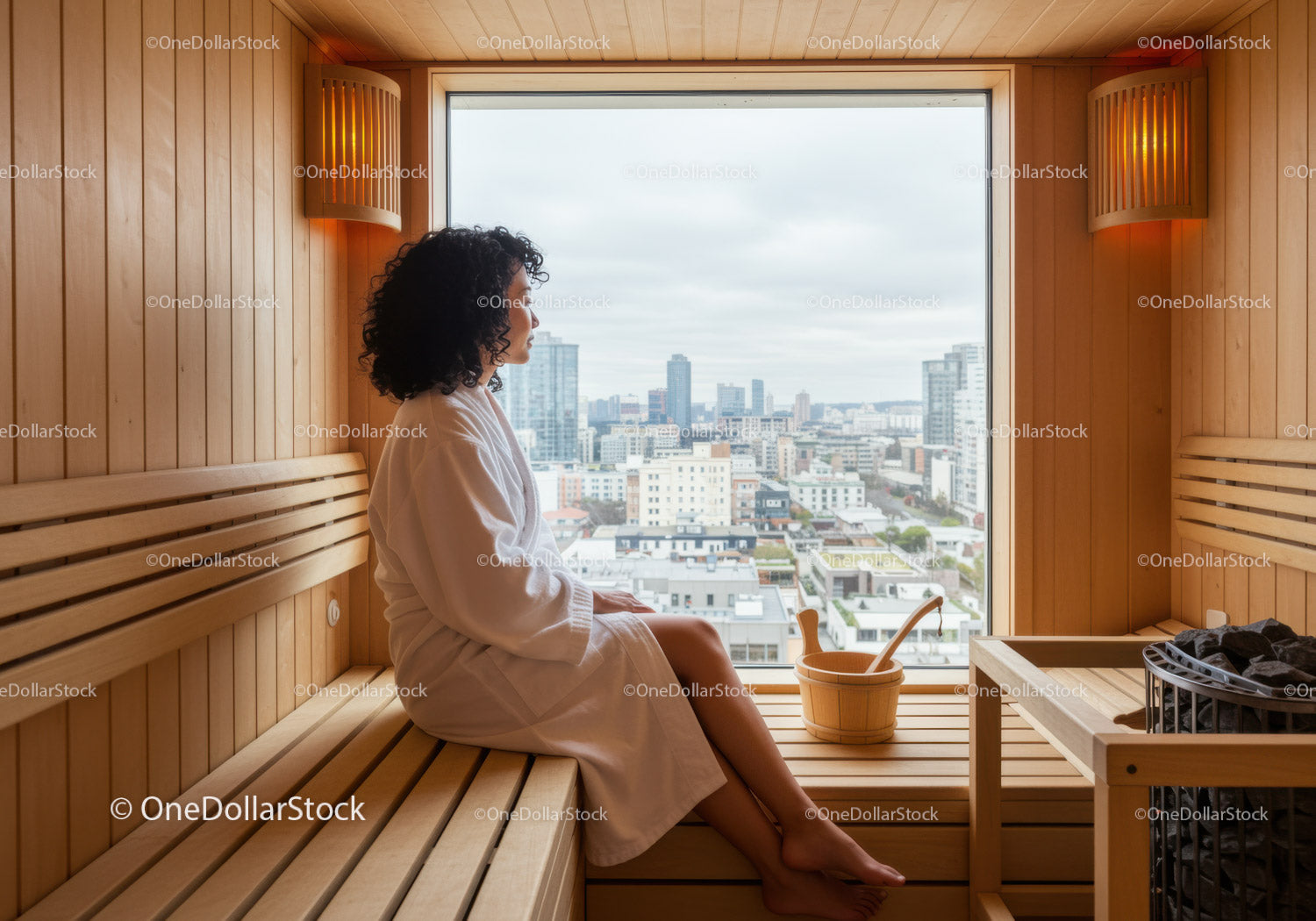 Relaxing Woman Sitting in Sauna with Cityscape View