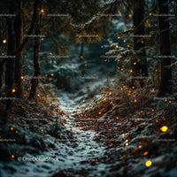 Snowy forest path glowing with magical fireflies