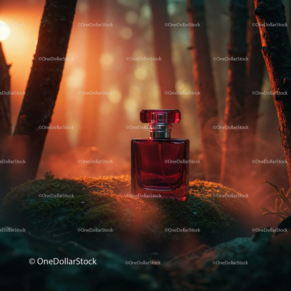 Luxurious Red Perfume Bottle in Mystical Forest Scene at Sunset JPG Mockup Image