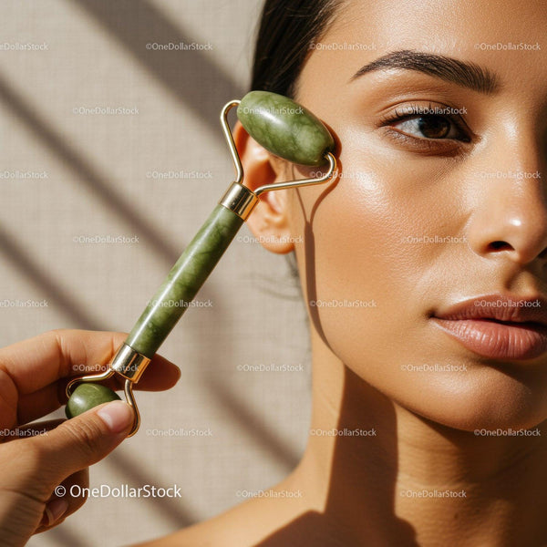 Close-Up of a Woman Using Jade Roller for Skincare Routine with Focused Glow