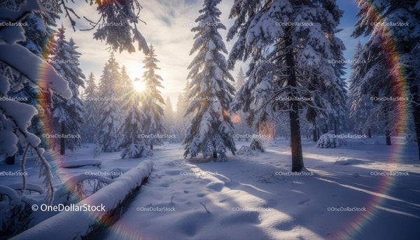 Światło słoneczne przenikające przez zaśnieżony sosnowy las
