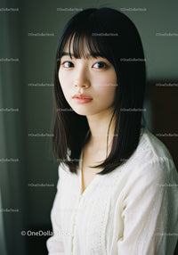 Elegant Young Woman Portrait with Black Hair in White Blouse