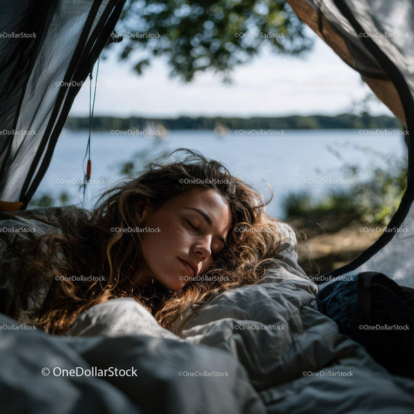 Serene Woman Sleeping in Tent by Lake with Nature View