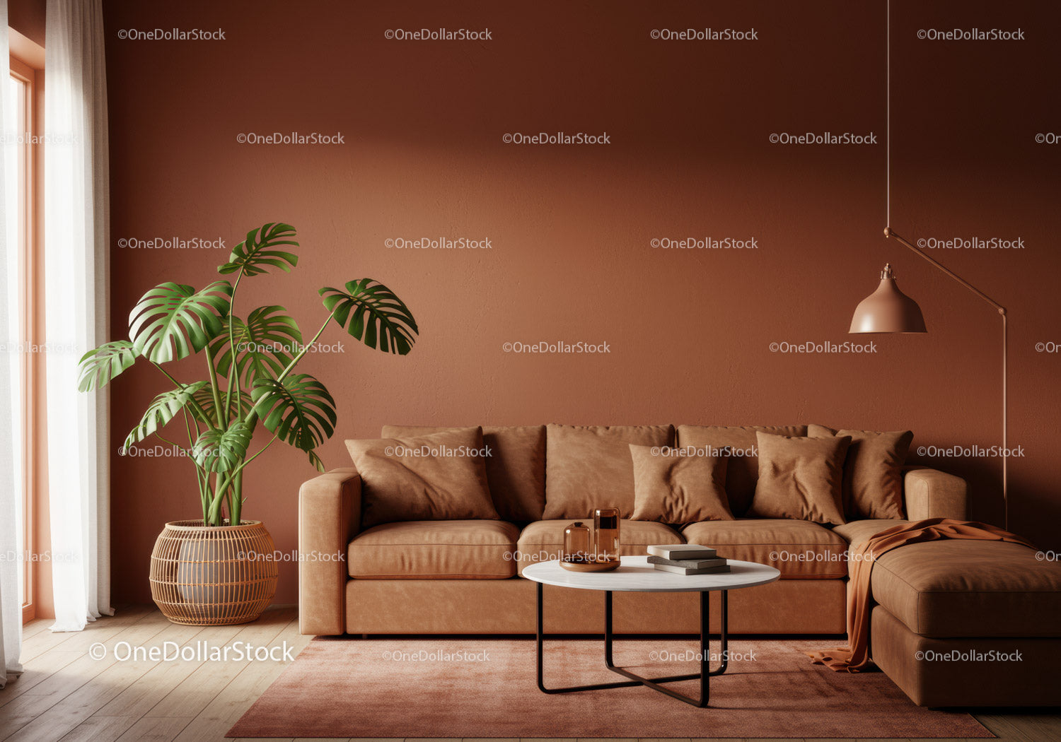 Nowoczesny salon z beżową sofą i rośliną Monstera