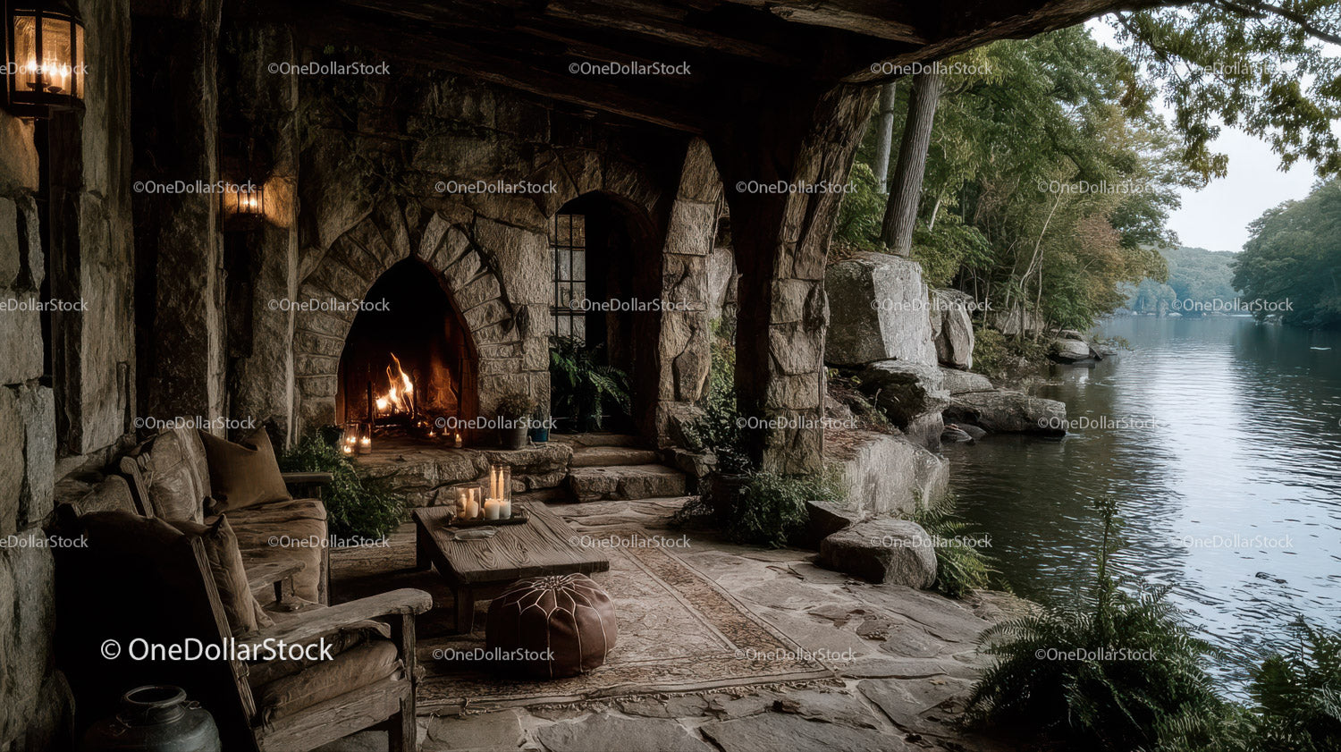 Rustic Stone Fireplace by Serene Riverside with Outdoor Lounge