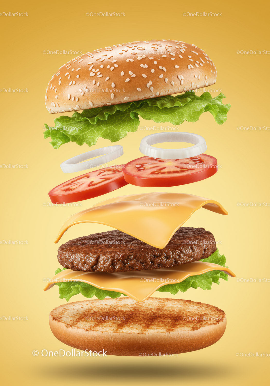 Deconstructed cheeseburger with fresh vegetables on yellow