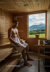 Scenic Mountain View with Man Relaxing in Sauna Room