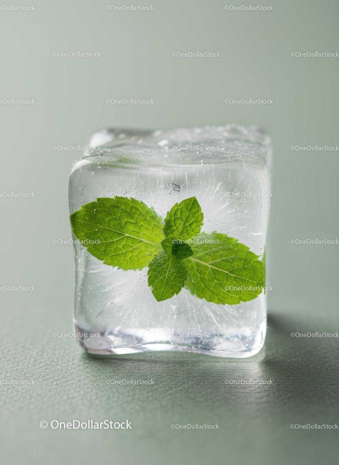 Fresh mint leaves frozen in a clear ice cube