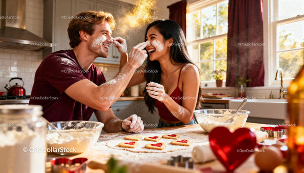 Couple Playfully Baking Heart Cookies Together