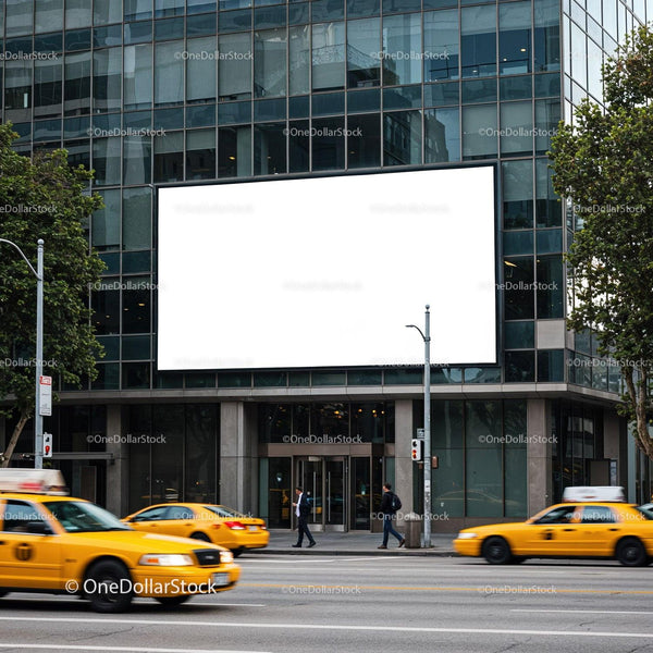 Zatłoczona Ulica Miejska z Żółtymi Taksówkami i Wielkim Billboardem
