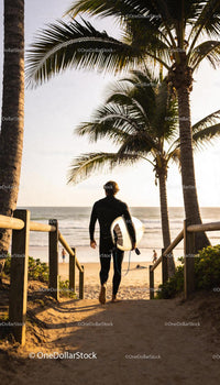 Surfer walking towards ocean at sunset with palm trees