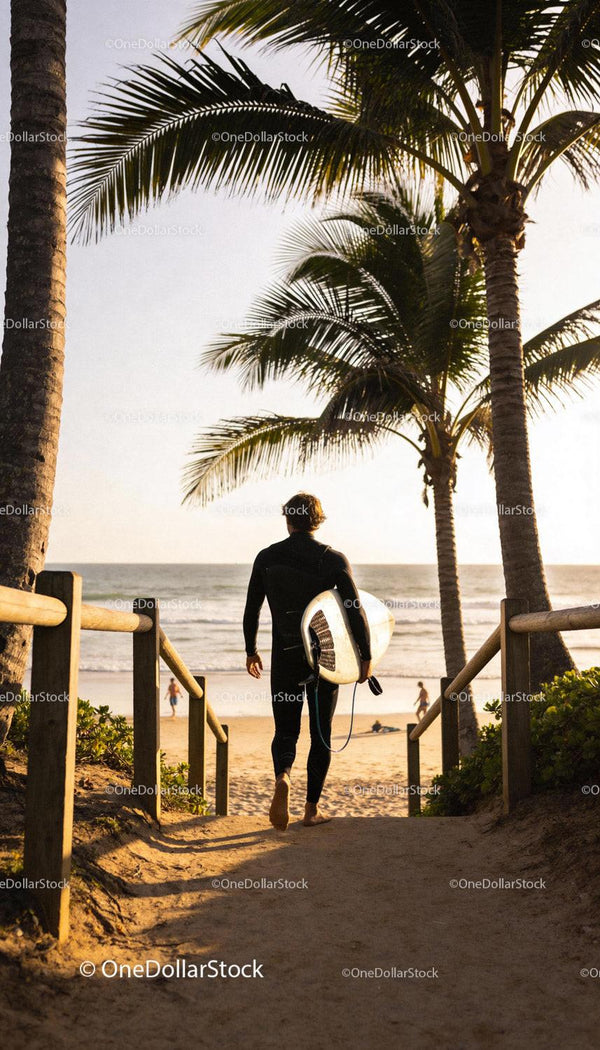 Surfer walking towards ocean at sunset with palm trees
