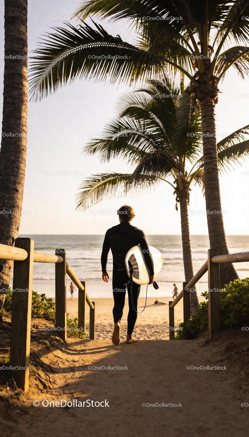 Surfer walking towards ocean at sunset with palm trees