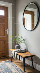 Modern Entryway with Wooden Door Round Mirror and Indoor Plant