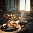 Cozy Morning Breakfast with Croissants and Fresh Fruit in Rustic Kitchen