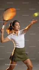 Focused female tennis player serving with strong motion