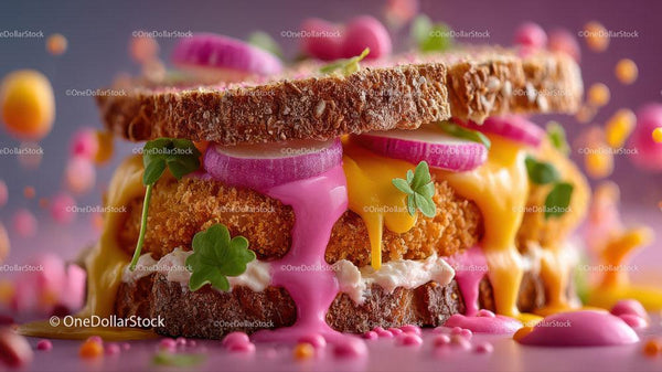 Colorful Crispy Chicken Sandwich with Melted Cheese and Fresh Herbs