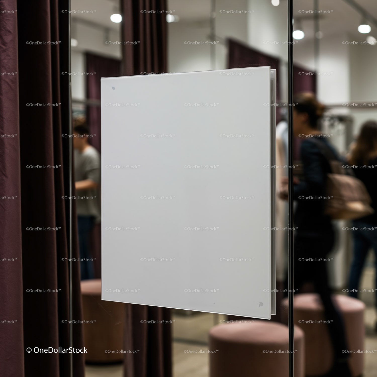 Blank white sign on glass door in modern dressing room