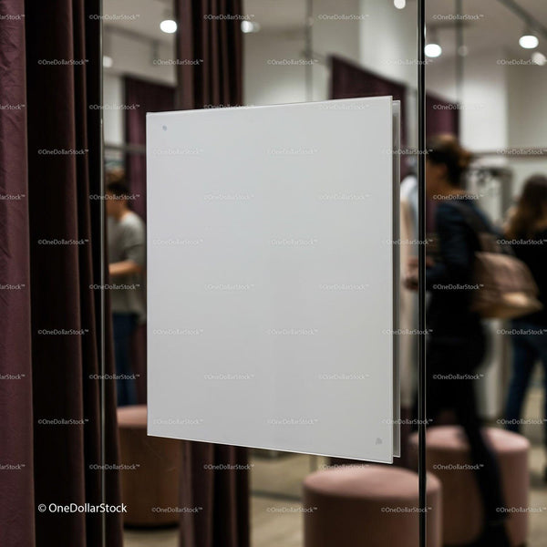 Blank white sign on glass door in modern dressing room JPG Mockup Image