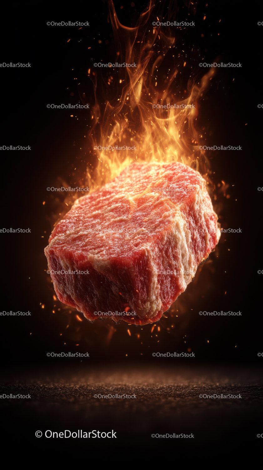 Raw Beef Steak with Fire and Flame Effect in Dark Background