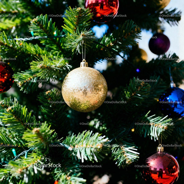 Close-up of colorful ornaments on Christmas tree branches