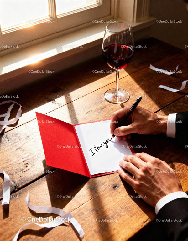 Man writing heartfelt love message with glass of wine