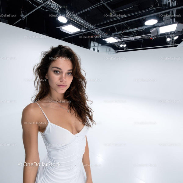Young Woman in White Dress in Studio with Soft Lighting