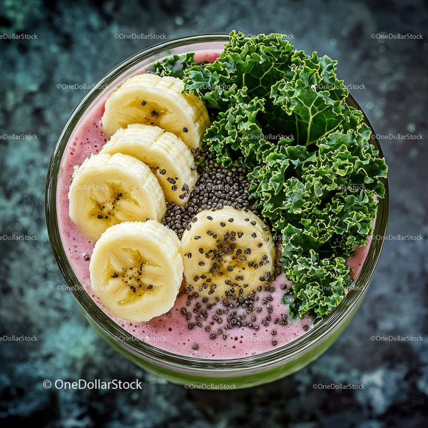 Colorful Fruit and Kale Smoothie Bowl with Banana and Chia Seeds
