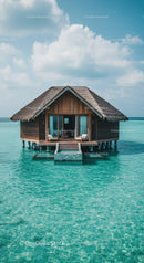 Overwater Bungalow with Wooden Cottage over Turquoise Ocean