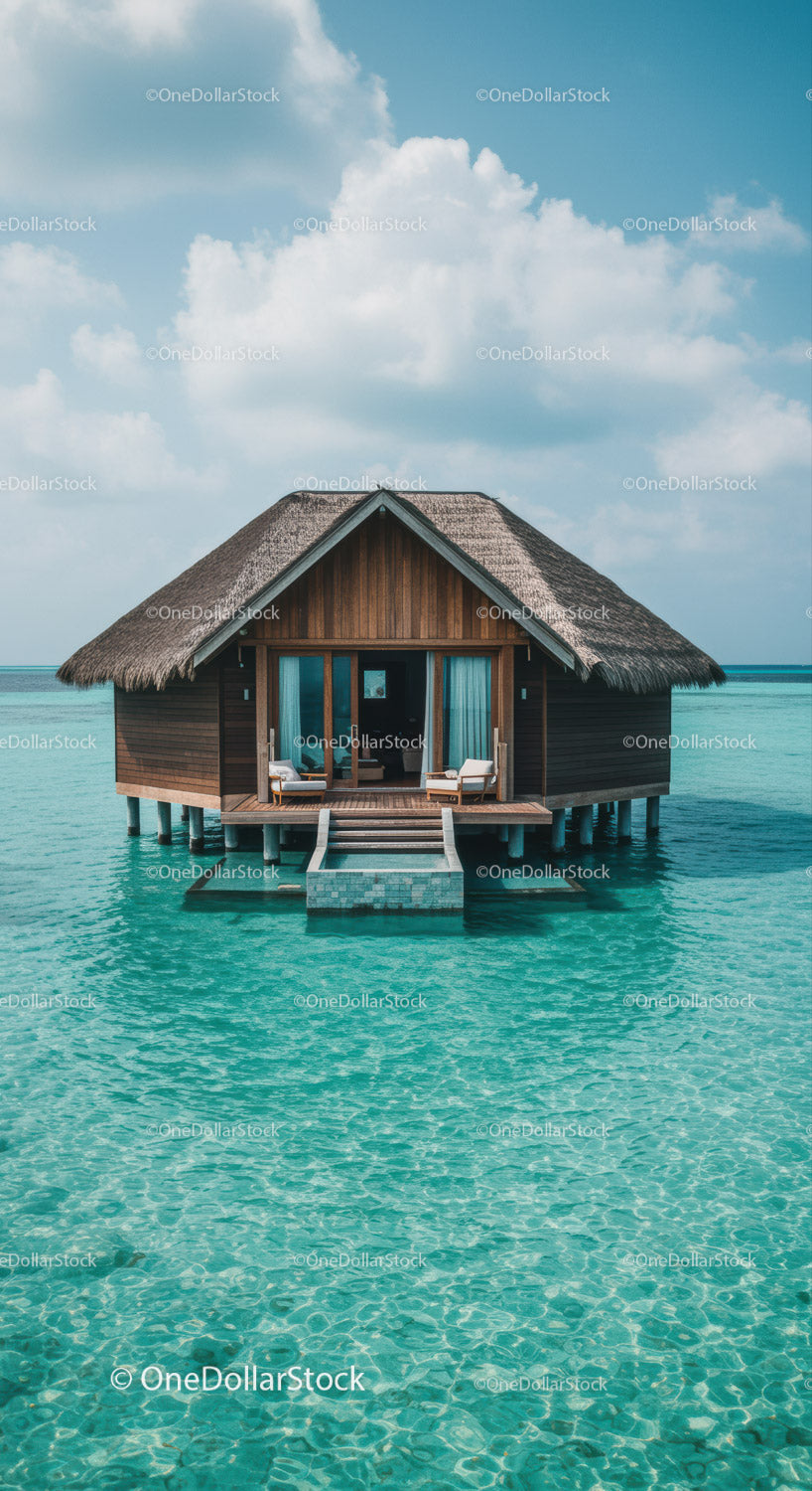 Bungalow na wodzie z drewnianym domkiem nad turkusowym oceanem