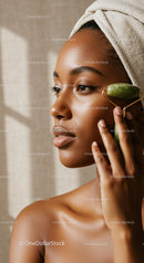 Elegant Woman Receiving Facial Massage with Jade Roller for Glowing Skin