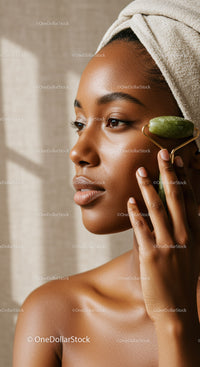 Elegant Woman Receiving Facial Massage with Jade Roller for Glowing Skin