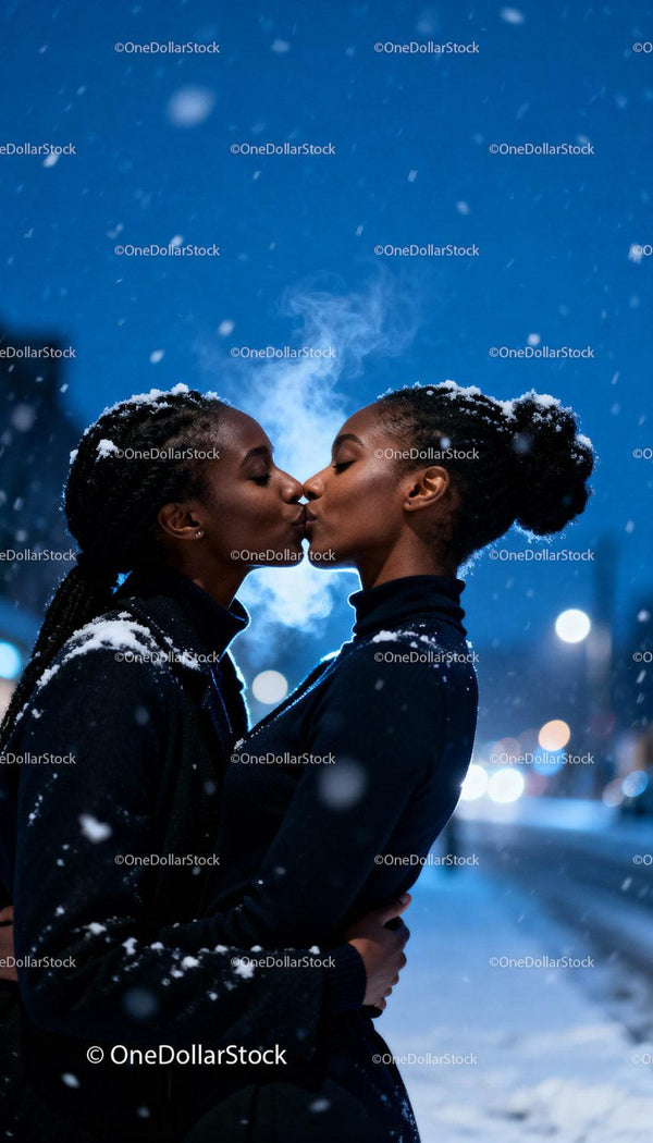 Couple Sharing Intimate Kiss in Snowy Evening