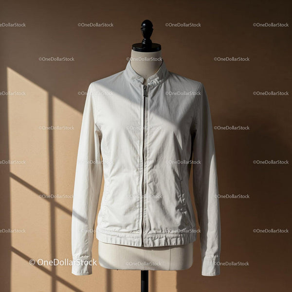 Minimalist white jacket on mannequin with soft light JPG Mockup Image